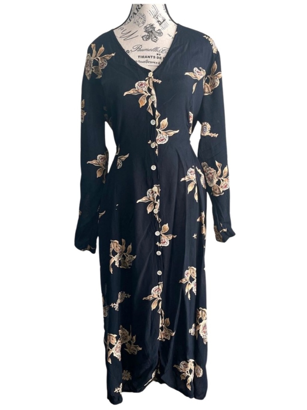 90s Vintage Floral Midi Dress Black Button Front Boho April Cornell style